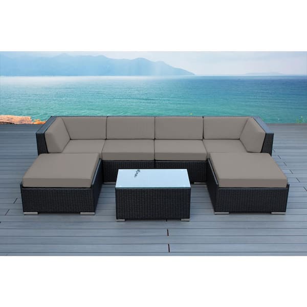 Ohana Depot Ohana Black 7-Piece Wicker Patio Seating Set with Sunbrella Taupe Cushions