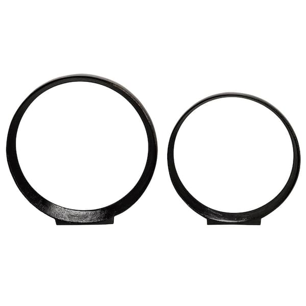 Liv & Skye Black 12 in. and 14 in. Metal Ring Sculpture (Set of 2)