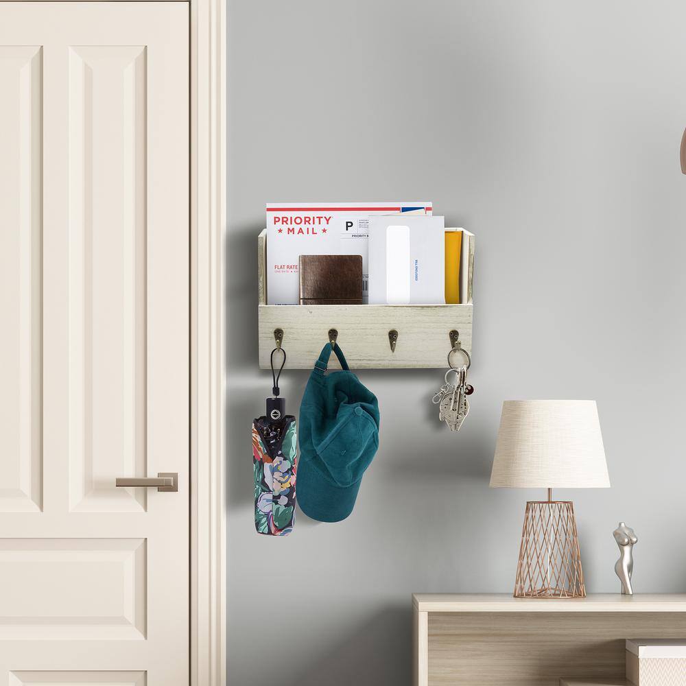 Gray Light Wood Floating Wall Shelf with Hooks