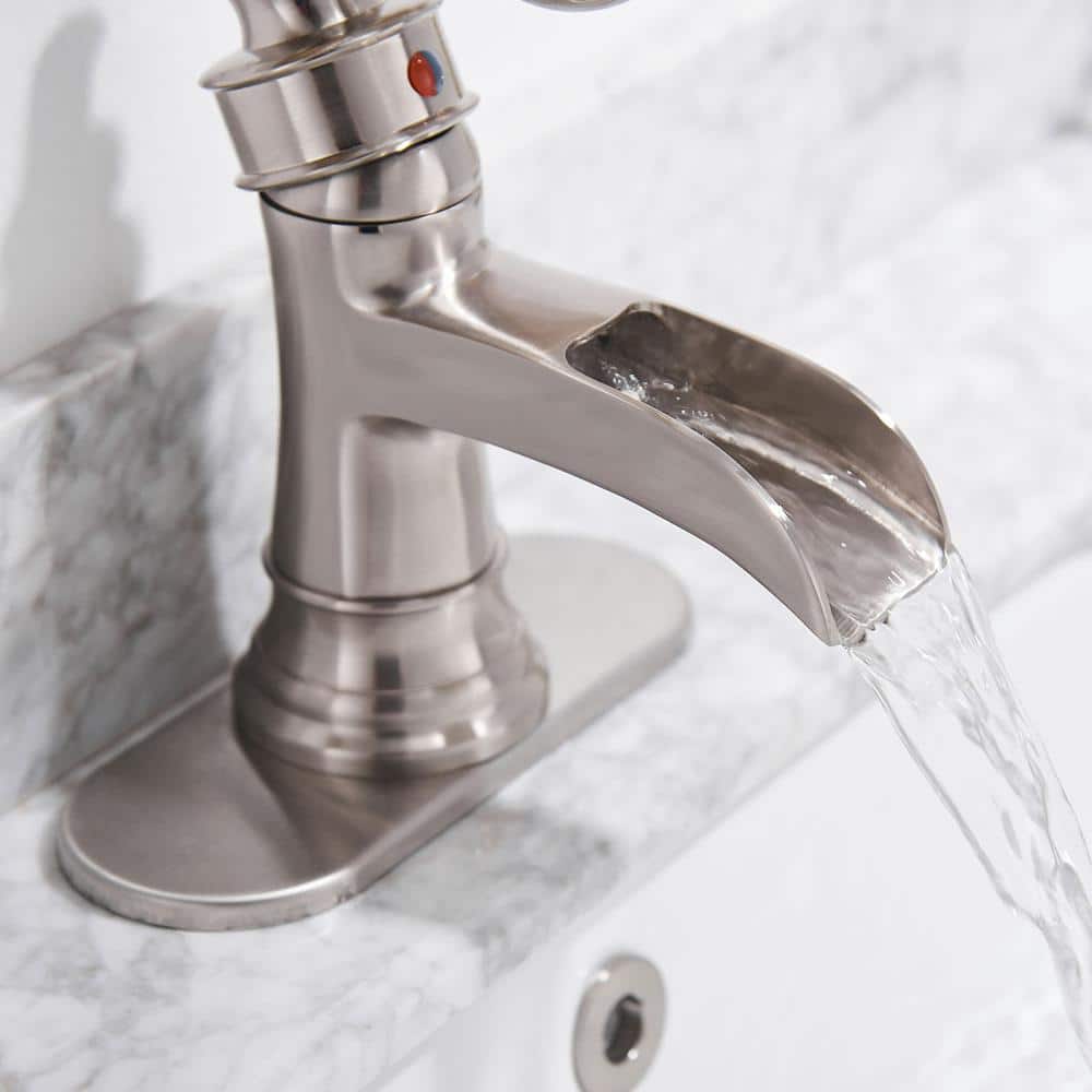 Brushed Nickel Waterfall Single-Handle Bathroom Faucet with Drain Assembly