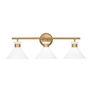 Belcarra 27 in. W x 9.125 in. H 3-Light Satin Brass Bathroom Vanity Light with Etched White Glass Shades