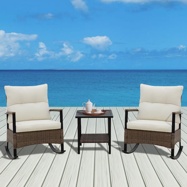 3-Piece Brown Wicker Outdoor Rocking Chair Set with Beige Cushion and Double-Layer Storage Coffee Table