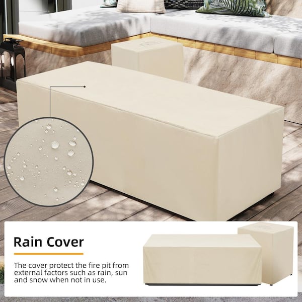 42 in. Rectangular Iron Outdoor Fire Pit Table with Tank Cover, Lid, Volcanic rocks and Rain Cover in White