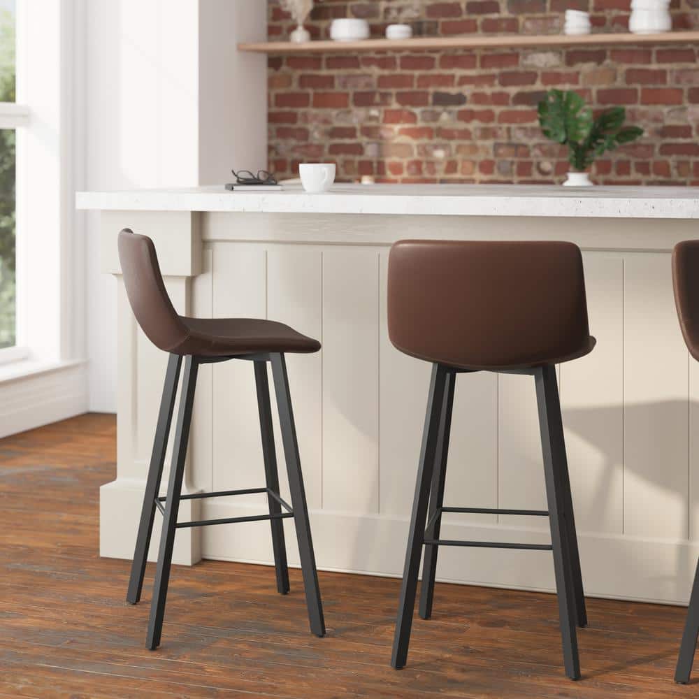 Chocolate Brown Faux Leather Counter Stools with Metal Frame, Set of 2