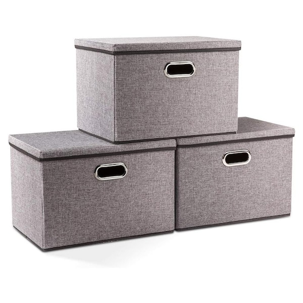 Unbranded 35 qt. Fabric Collapsible Storage Bin with Lid in Gray (3-Pack)