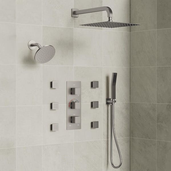 3-Handle 5-Spray Shower Faucet 2.5 GPM with Body Spray, Adjustable Flow Rate, Adjustable Heads in Brushed Nickel
