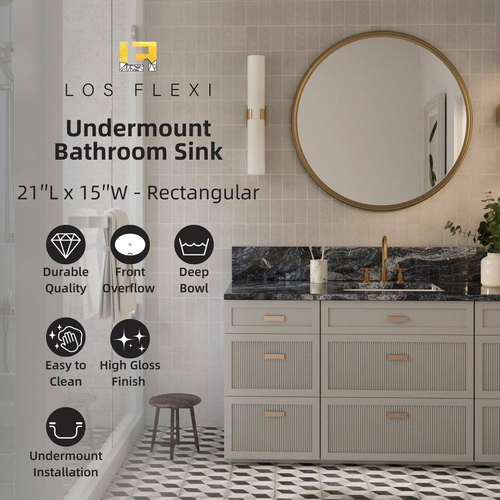 21" White Glossy Ceramic Rectangular Undermount Bathroom Sink