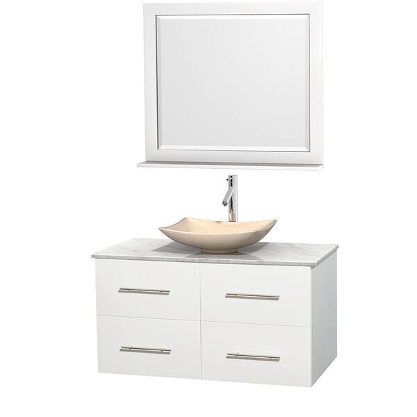 Wyndham Collection Centra 42 in. Vanity in White with Marble Vanity Top in Carrara White, Ivory Marble Sink and 36 in. Mirror