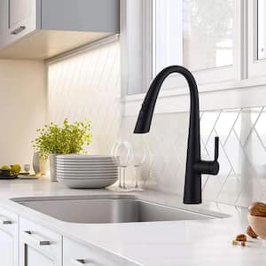 Gooseneck Single Handle Pull Down Sprayer Kitchen Faucet with 3-Function Sprayer and Deckplate in Matte Black