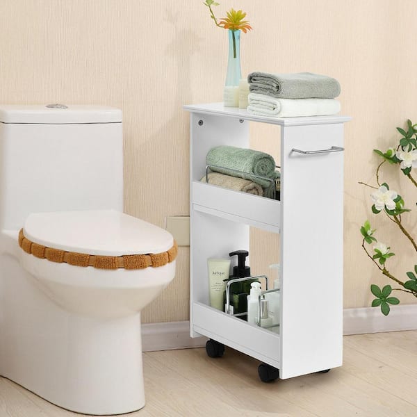 Bathroom 18in Slim Rolling Storage Shelves Cart 3 Tier Bathroom Cabinet Mobile Shelving Unit W Handle White Gym06209 The Home Depot