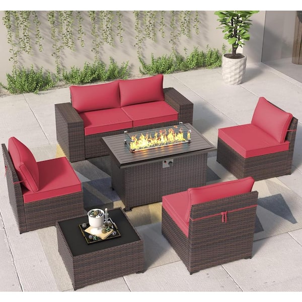 Halmuz 7-Piece Wicker Patio Fire Pit Set with 55000 BTU Gas Fire Pit Table, Coffee Table, Glass Wind Guard and Cushion Red