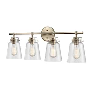 Amberose 31.25 in. 4-Light Modern Gold Vanity Light with Hammered Glass
