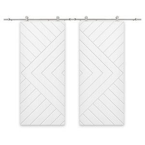 Chevron Arrow 48 in. x 84 in. Fully Assembled White Stained MDF Double Sliding Barn Door With Hardware Kit