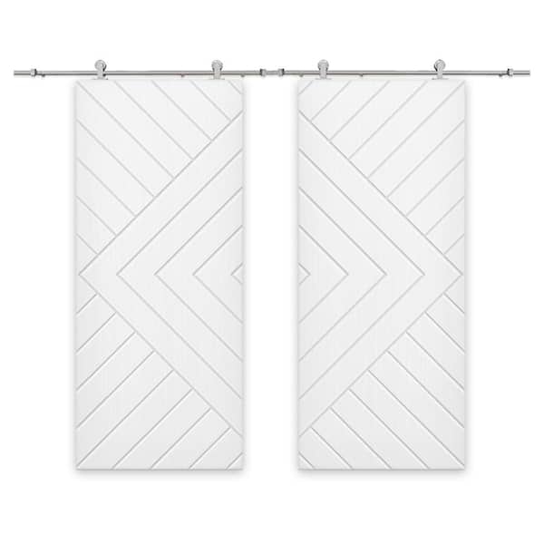 CALHOME Chevron Arrow 84 in. x 84 in. Fully Assembled White Painted MDF Double Sliding Barn Door With Hardware Kit