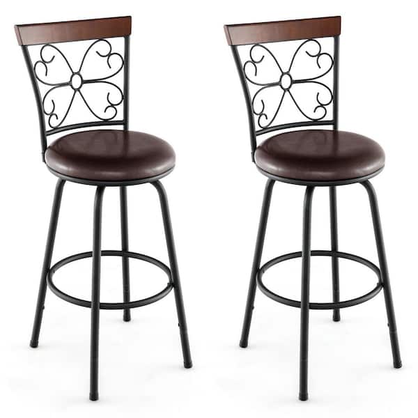 Costway 24/30 in. Black and Brown Adjustable Swivel Barstools Metal Dining Chairs (Set of 2)