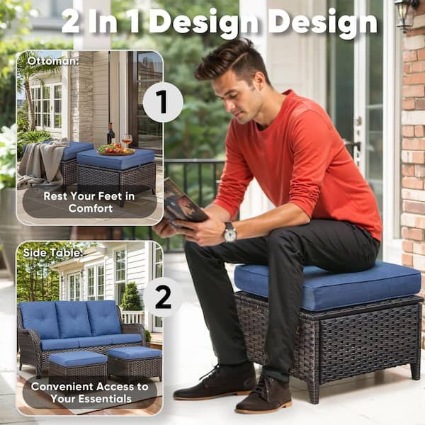 NovaSwivel Brown 6-Piece Patio Conversation Set Outdoor Sectional Sofa With 6 in. Thick Blue Cushions and Swivel Glider