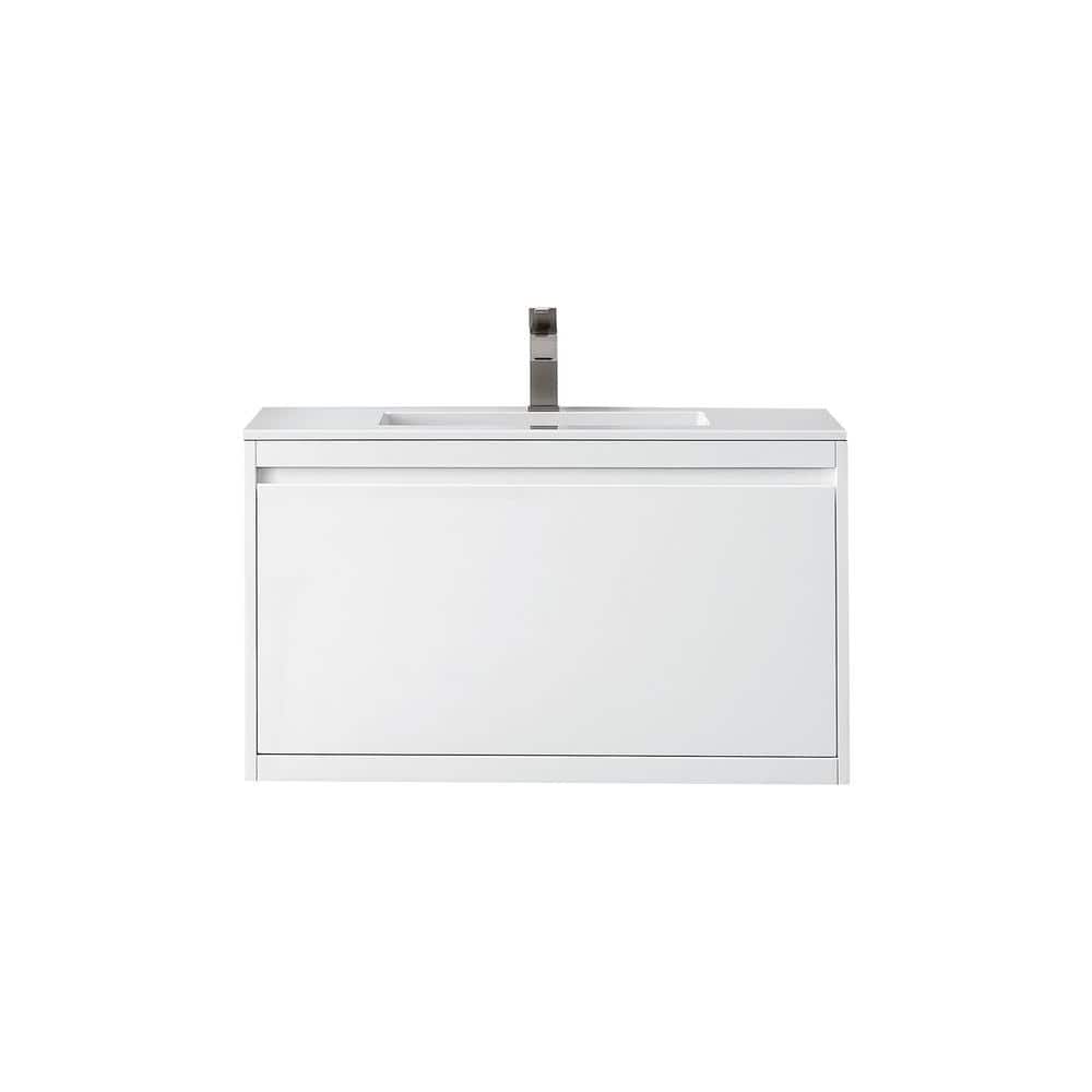 Glossy White 35.4" Wall-Mount Single Bathroom Vanity with Mineral Composite Sink