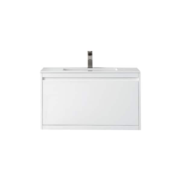 James Martin Vanities Mantova 35.4 in. W x 18.1 in. D x 20.6 in. H Single Vanity Glossy White and Glossy White Composite Stone Top