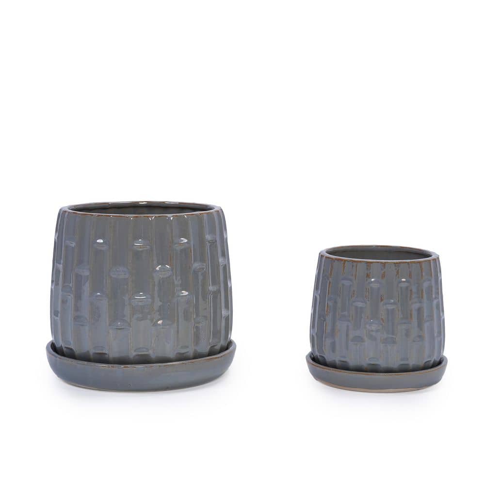 "Set of 2 Modern Grey Ceramic Planters-7"" Leaf Pattern Flower Pots with Drainage, Ideal for Garden, Patio, Windowsill" price history on PriceWatchPro