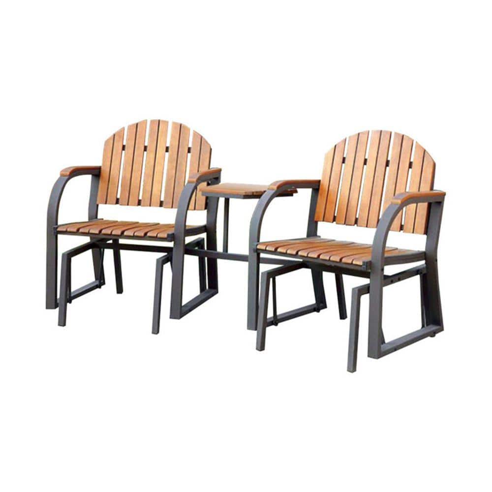 Contemporary Oak Finish Rocking Chair Set with Cast Iron Frame