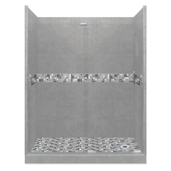 American Bath Factory Newport Grand Slider 32 in. x 60 in. x 80 in. Right Drain Alcove Shower Kit in Wet Cement and Satin Nickel Hardware
