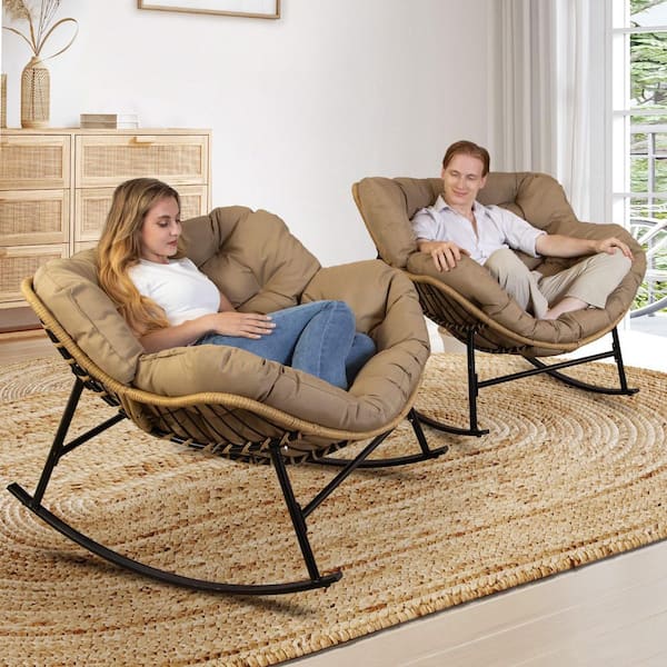 FINCATI Oversized Brown PE Wicker Outdoor Rocking Chair
