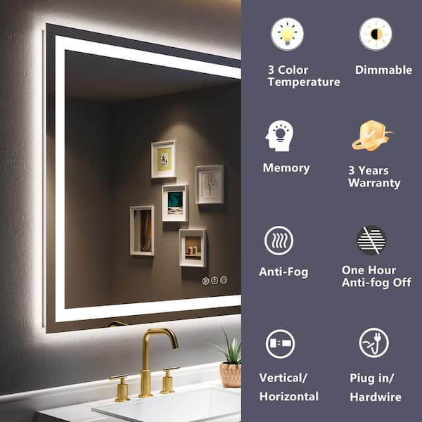 36 in. W x 36 in. H Square Frameless Front and Back Lighted Anti-Fog Wall Bathroom Vanity Mirror, Tempered Glass, ETL