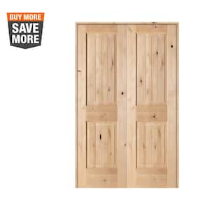 48 in. x 80 in. Rustic Knotty Alder 2-Panel Sq-Top w.VG Both Active Solid Core Wood Double Prehung Interior French Door