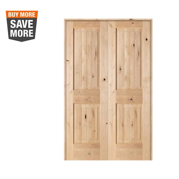 Krosswood Doors 48 in. x 80 in. Rustic Knotty Alder 2-Panel Sq-Top w.VG Both Active Solid Core Wood Double Prehung Interior French Door