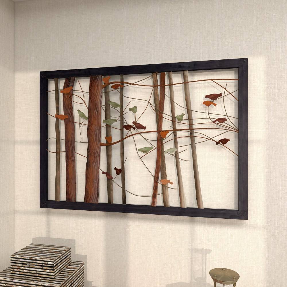 Multi Colored Metal Bird and Tree Wall Sculpture, 39" x 27"