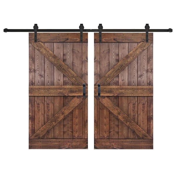 K Series 84 in. x 84 in. Dark Walnut Finished DIY Solid Wood Double Sliding Barn Door with Hardware Kit