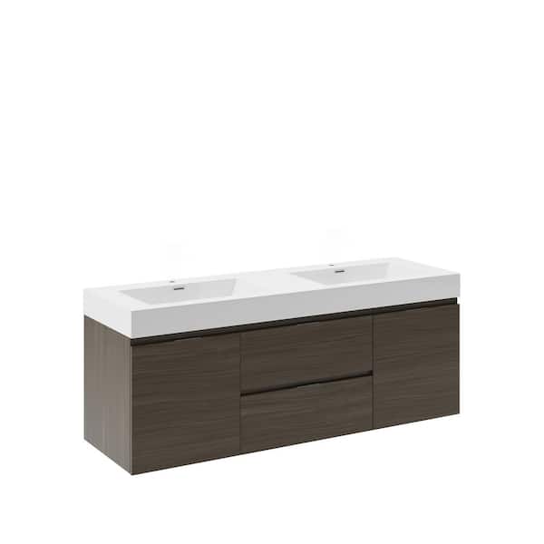 Fresca Valencia 60 in. W Wall Hung Bathroom Vanity in Gray Oak with Double Acrylic Vanity Top in White