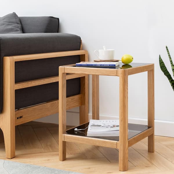 Noble House Solsticea Modern 15.75 in. Natural Oak Square Tempered Glass End Table with Shelf, Solid Wood Frame