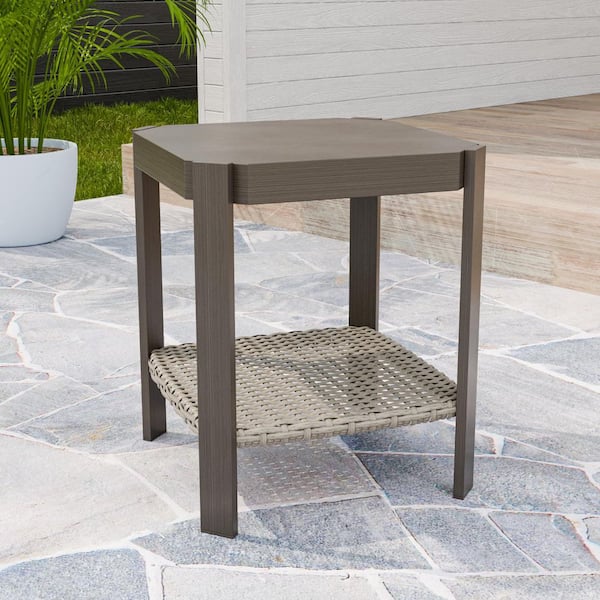 Square Gray Patio Side Table Coffee Table with Wicker Storage Shelf for Indoor Outdoor Poolside Balcony Patio Backyard