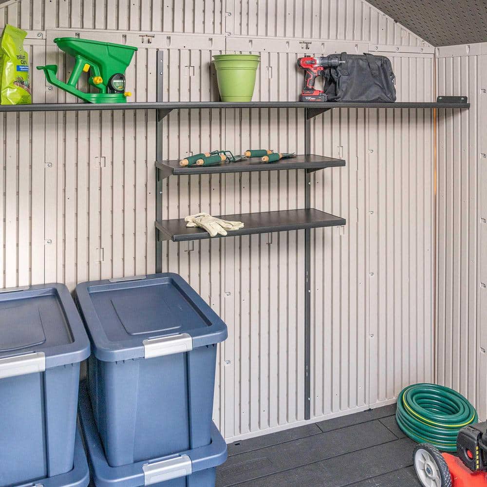 Large Beige and Brown Polyethylene Storage Shed with Windows and Shelving