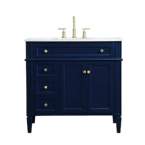 Timeless Home 36 in. W x 21.5 in. D x 35 in. H Single Bathroom Vanity in Blue with White Marble Top and White Basin