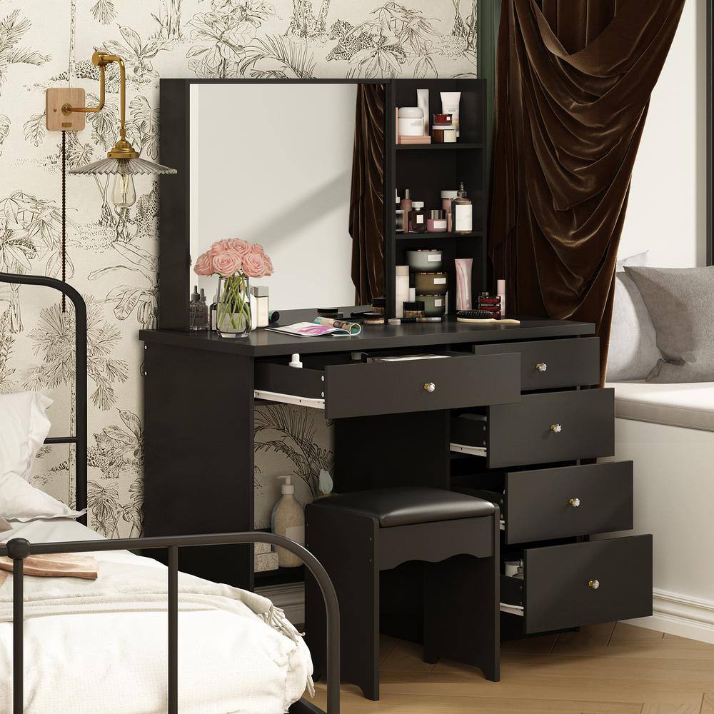 FUFU&GAGA Black Wood 5 Drawers 39.4 in. W Makeup Vanity Sets Chest of