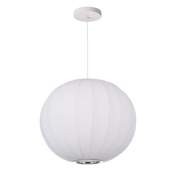 60-Watt 1 Light White Fabric Pendant Light with Spherical Shape Shade, No Bulbs Included, 16 in.