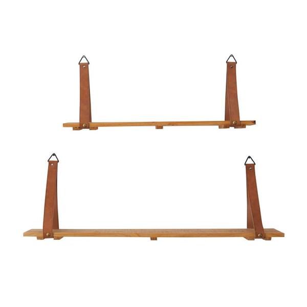 Litton Lane Brown 2 Shelves Wood Wall Shelf with Faux Leather Straps (Set of 2) 041503 The