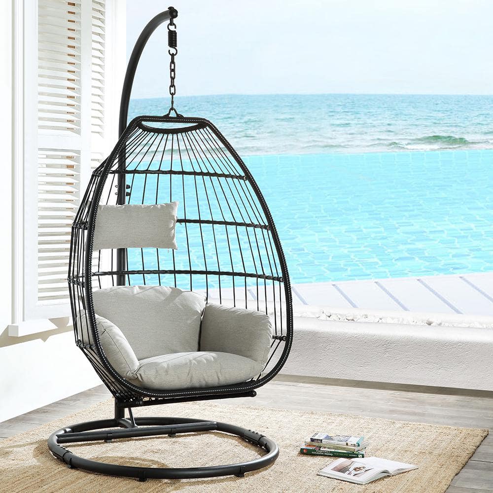 Oldi Black Steel and Beige Fabric Patio Hanging Chair with Stand