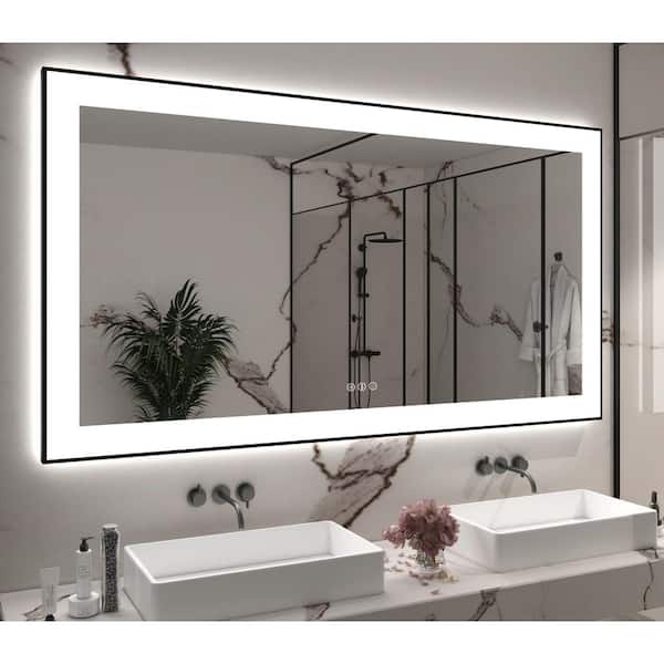 Hpeytaire 55 in. W x 30 in. H Rectangular Aluminum Framed Backlit and Front light LED Wall Mounted Bathroom Vanity Mirror in Black