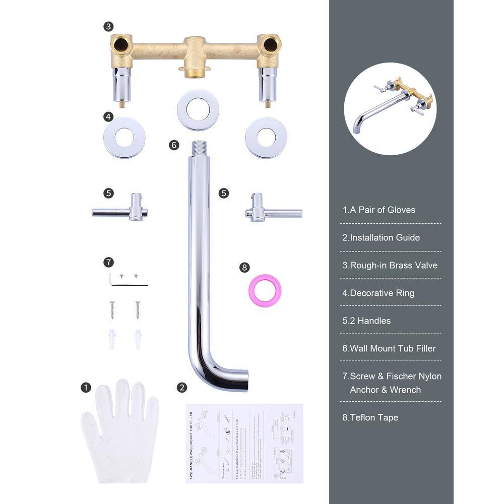 Chrome Double Handle Wall Mounted Tub Faucet