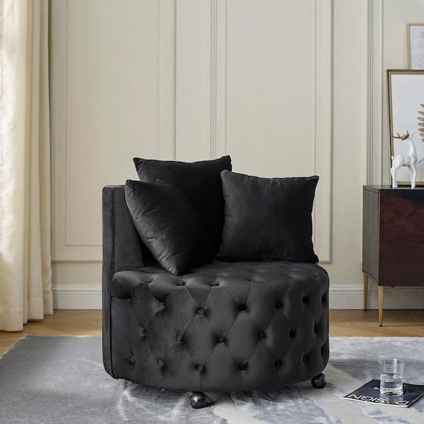 Axel Black Modern Upholstered Velvet Swivel Accent Chair with Button Tufting, Wheels, Pillows