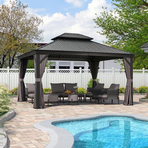 12 ft. x 14 ft. Luxury Patio Outdoor Gazebo for Backyard Hardtop Aluminum Frame with Netting, Hooks, Upgrade Curtain