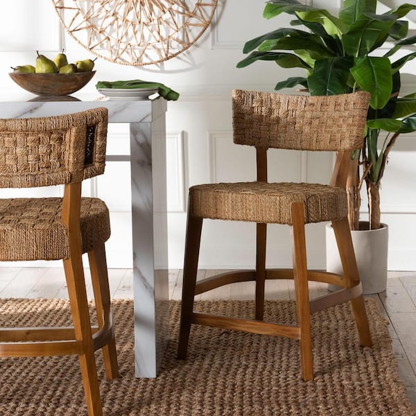 Sabit 24.2 in. Natural Brown Wood Counter Stool with Seagrass Seat
