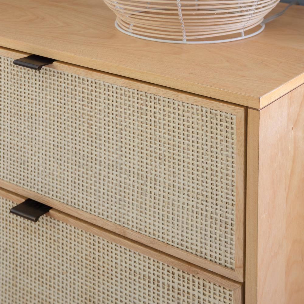 Mid-Century Natural Wood and Rattan 6-Drawer Dresser