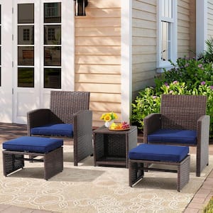 OC Orange Casual 5-Piece Brown Wicker Outdoor Conversation Set with Ottomans, Dark Blue Cushions