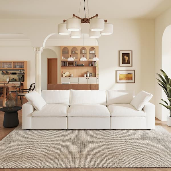 Magic Home 121 in. Square Arm 3-Piece Linen Modular Sectional Sofa Cloud Couch in White