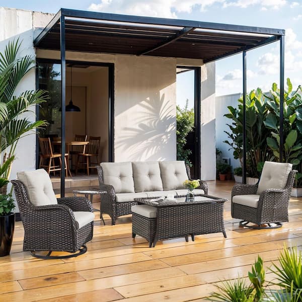 Brown 7-Piece Wicker Patio Conversation Set with Swivel Rockers, Outdoor Sofa Seating Set with Olefin Beige Cushions
