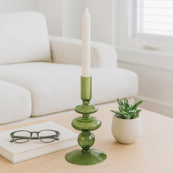 Liv & Skye Olive Green 7 in. Vintage Glass Taper Candle Holder
